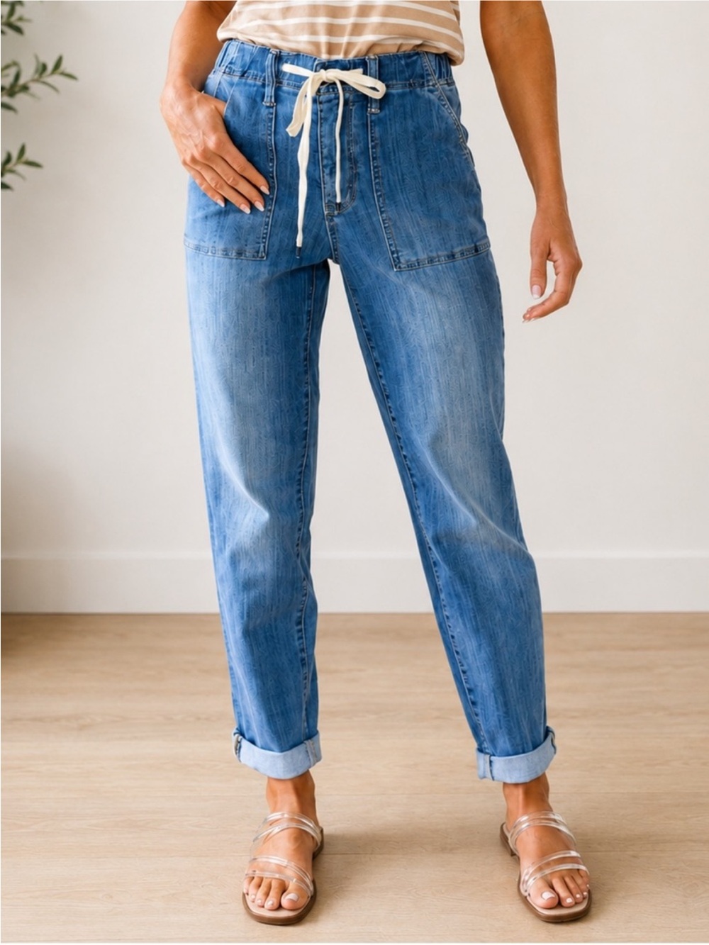 Judy Blue High Rise Denim Jogger Jeans Size 9/29 Medium Wash Drawstring Stretch